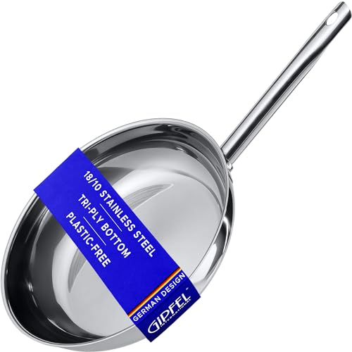 GIPFEL INTERNATIONAL Stainless Steel Frying Pan 12 Inch - Tri Ply Stainless Steel Skillet Healthy Non Toxic Cookware - Fry Pans for Induction Gas Electric Ceramic Stove & Oven Safe (12 Inch)