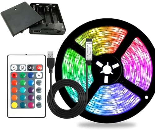 Valletock Tira de luces LED alimentadas por pilas con control remoto de 24 botones, RGB 16 colores, fuerte autoadhesivo, bricolaje (2 m)