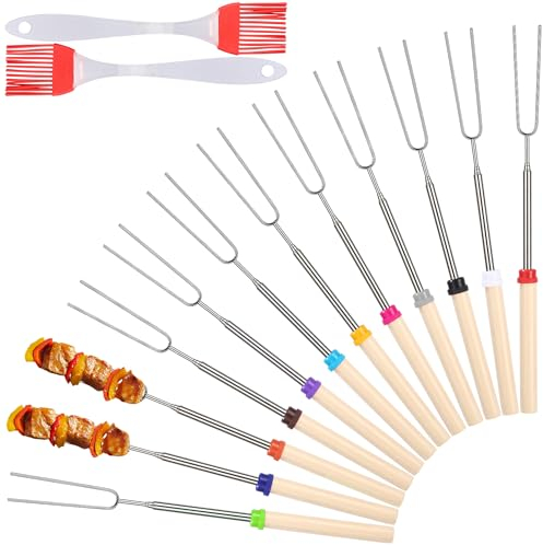 Teleskop Grillspieße Edelstahl 12 Stück,Grillbesteck Set für Camping Grill,Stöcke Roasting Sticks Schaschlikspieße,Lagerfeuer Grillgabel Ausziehbar Grillstab Stockbrot mit zwei Ölpinseln(31-81cm)
