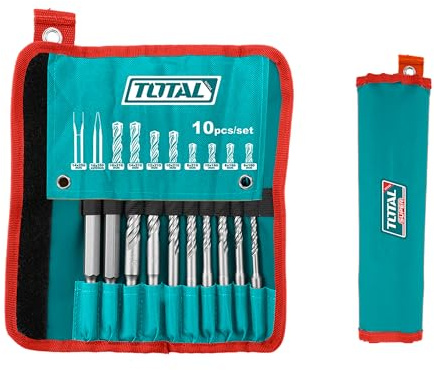 TOTAL - Juego de Brocas SDS Plus 10 Piezas - Incluye 8 Brocas de Pared, 1 Cincel y 1 Puntero - Para Hormigón y Piedra - Alta Resistencia - Con Bolsa Enrollable de Transporte