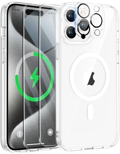 ORETECH Magnetica Cover per iPhone 15 Pro Custodia iPhone 15 Pro con 2 Pezzi Pellicola Protettiva in Vetro Temperato & 1 Pezzi Pellicola Fotocamera Antiurto Ultra Sottile Hard PC Cover-Trasparente
