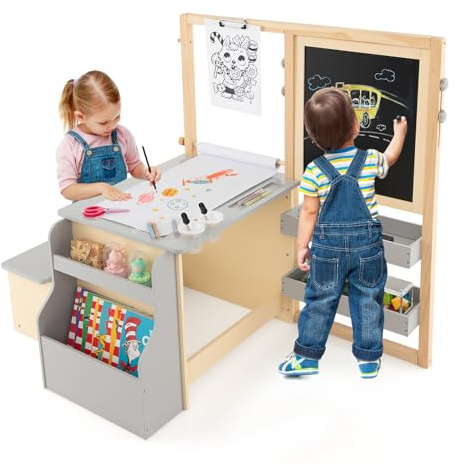 COSTWAY 2 en 1 Bureau Enfants en Bois avec Banc & Etagères, Tableau Enfant Double Face Réglable avec Rouleau de Papier & 5 Craies, Table à Dessin Enfants de 3 Ans+, Charge 50kg (Gris)