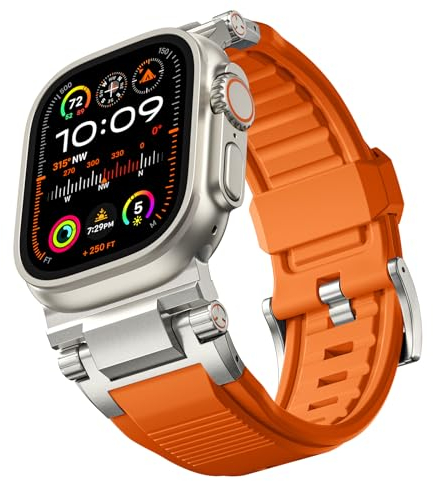 Bandletic R-Steel Correa Compatible con Apple Watch Ultra 2 / Ultra 49mm, Serie 9/8/7 45mm, Serie SE2/6/SE/5/4 44mm, Robusta Pulsera repuesto FKM con Diseño Elegante conector Metálico, Naranja