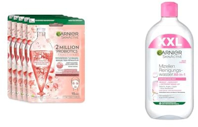 Garnier Reparierende Tuchmaske, Gesichtsmaske gegen trockene, fahle und matte Haut & Mizellen Reinigungswasser, Für eine sanfte Reinigung und schonendes Abschminken