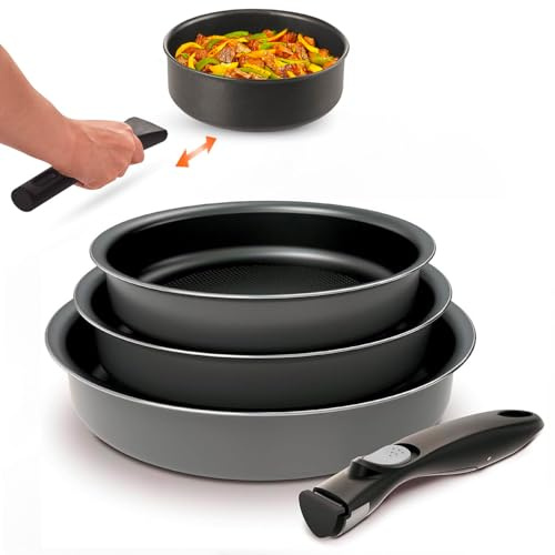 Avilia Juego de 3 sartenes de inducción con mango extraíble, 20 – 24 – 28 cm – Revestimiento antiadherente de 5 capas, lavable en lavavajillas, apto para horno hasta 250 °C