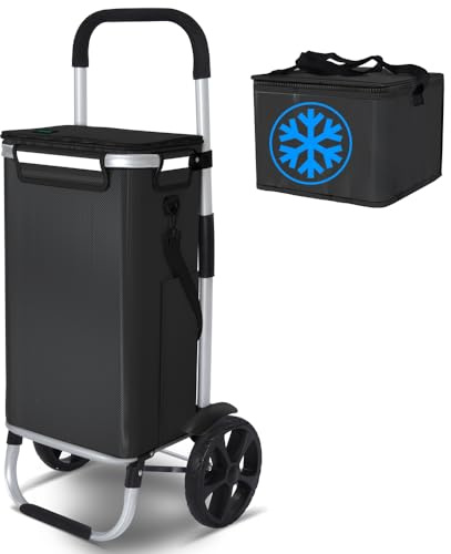 VOUNOT® Carrello della Spesa Pieghevole in Alluminio, Carrello Portaspesa con Borsa e Sacca Termica, Ruote Silenziose e Parafanghi, 58L, Nero