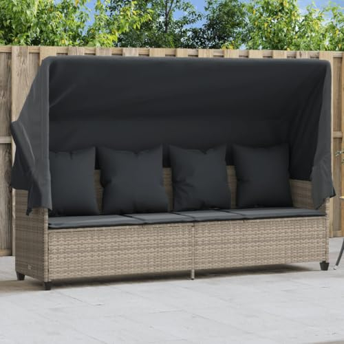 LAPOOH Sonnenliege mit Dach und Kissen Hellgrau Poly Rattan, Gartenliege, Liegestuhl, Sonnenstuhl, Sonneninsel Outdoor, Liegen, Gartenmöbel, Bäderliege, Relaxliege - 368358