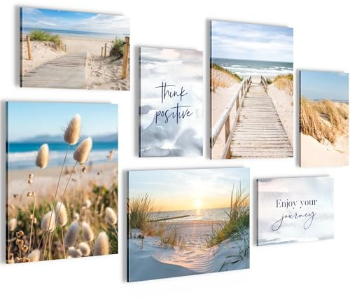 Novart Wandbilder Strand Meer Boho - KOMPLETT AUFHÄNGFERTIG - Blau Beige Wohnzimmer Schlafzimmer Flur - 7 Moderne Mood-Bilder - N034771b
