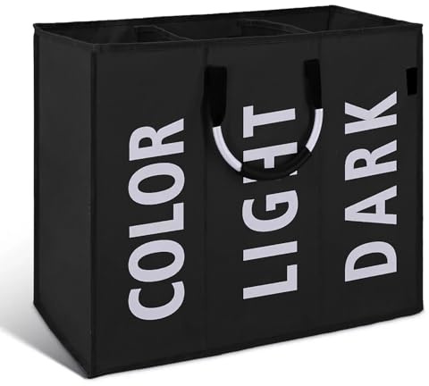 Triple Compartment Collapsible Laundry Basket – Large Slim Divided Hamper with Handles for Clothes, Shoes, Portable Laundry Storage Bag for Indoor & Outdoor Use, Men & Women (Black)