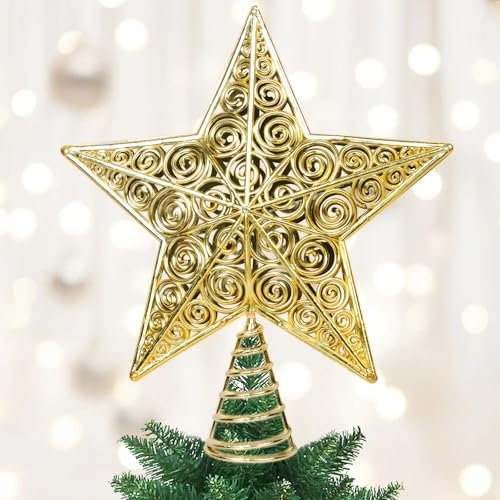 Lollanda Weihnachtsbaum Stern, 23cm Glitzer Metall Weihnachtsbaumspitze, Weihnachten Christbaumspitze Stern Weihnachtsbaum Topper Spitzen Deko (Gold 2)