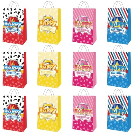 Kinder Geschenktüten, 12 Stück Hund Patrol Papiertüten | Geschenktüten Kindergeburtstag, Candy Tüten, Papiertüten mit Henkel, Happy Birthday Bag für Jungen Mädchen Party Geburtstags