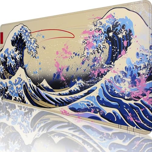 Japan Mauspad XXL 800 x 300, Erweiterte Groß Mousepad Welle, Wasserfest Schreibtischunterlage Vernähte Kanten Design, Mouse Pad mit rutschfeste Gummibasis für Pc Büro Deko, Geschenke für Frauen j-3