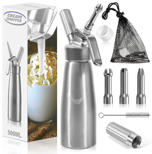BUOAZR 500ml Sifone Panna Montata, Sifone per Cucina, Dispenser Panna Montata, con 3 Ugelli e Spazzola da Pulizza, Borsa a rete, per Decorazione Torte di Compleanno Dessert