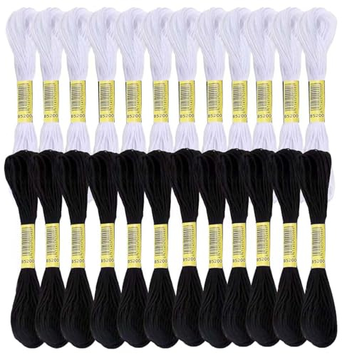 KUBDPQOR Kit di Fili da Ricamo per Punto Croce – Set di Fili di Alta qualità per Ricamo, 12 Pezzi Neri + 12 Pezzi Bianchi, Ideale per lavori manuali e Decorazioni