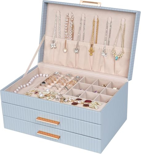 Dajasan Schmuckkästchen, Groß Schmuckaufbewahrung, 3 Ebenen Schmuckkasten Damen Mädchen mit 2 Schubladen, PU-Leder Vertikale Textur, Modern, Geschenk für Valentinstag, Muttertag, Weihnachten (Blau)