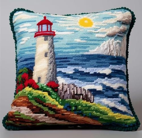 Taxpy Knüpfkissen Set, Leuchtturm am Meer Latch Hook Kissen Kit für Anfänger Erwachsene zum Selber Knüpfen, DIY Knüpfteppich Knüpfpackung, Kissen Selber Knüpfen Set, 43x43cm