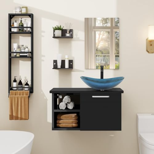 YU YUSING Set di Mobili da Bagno con Lavabo, Specchio, Portasciugamani, Arredo Bagno Completo, Mobile Lavandino Bagni 71cm, Mensola Doccia 3 Ripiani, 2 Ripiani Muro, Set Rubinetti, Blu Scuro Moderno