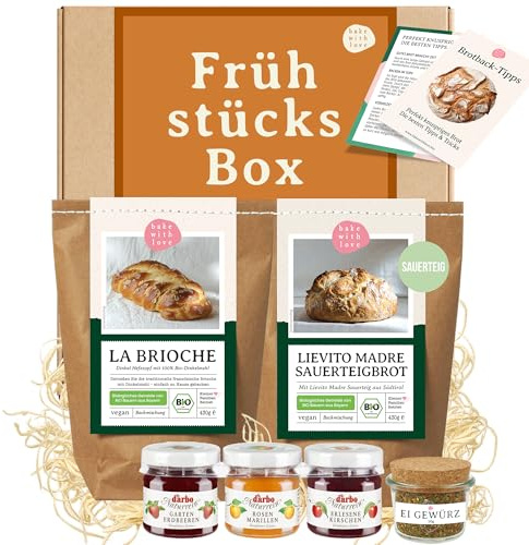 Frühstücks-Geschenkkorb – Feinkost Geschenkset mit Brotbackmischungen, Konfitüre & Ei Gewürz – Geschenk für Partner, Freunde & Kollegen – Für Frühstück & Brunch – Bake with Love