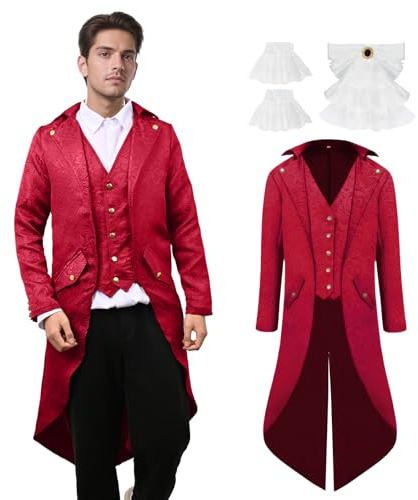 YORDET Cappotto da uomo medievale steampunk gotico retrò cappotto vittoriano giacca da uomo vampiro costumi cosplay (Rosso, L)