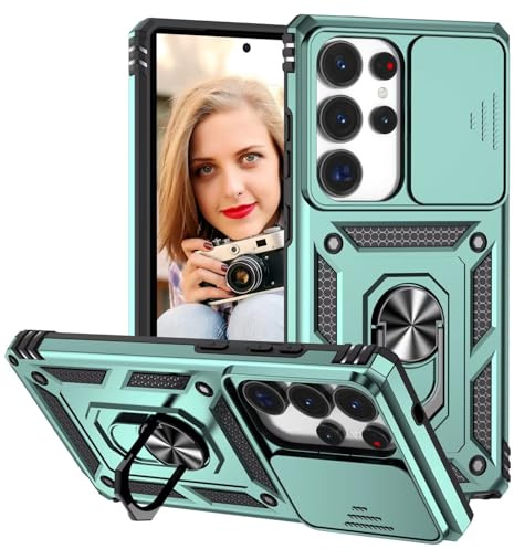 POUHYE Mobilskal för Samsung Galaxy S25 Ultra 5G Fodral, [Skydd för skjutkameran] Stötsäkert utomhusfodral i militärklass case med 360° magnetisk ringhållare, robust och tåligt telefonskydd Mörkgrön