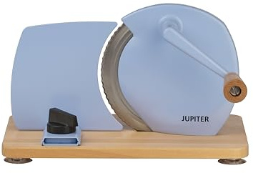 Jupiter Küchenmaschine manueller Allesschneider mit Kurbel und Holzplatte (hellblau)