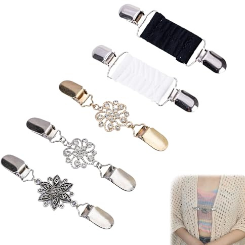 PLATEYTR Strickjacken Clips Vintage 5er Set – Pullover Clip Damen in Schwarz Weiß Silber – Elastischer Cardigan Clip Retro Stil für Kleider Blazer Schals Jacken – Vielseitiges Outfit Zubehör