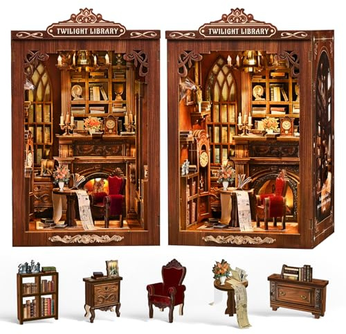 Sagiterra DIY-Miniatur-Puppenhaus-Bausatz, Bücherregal-Bausatz, 3D-Holzregal-Dekoration für Familie und Freunde, Bücherregal-Dekoration für Halloween/Weihnachten (DH-T Library-M)