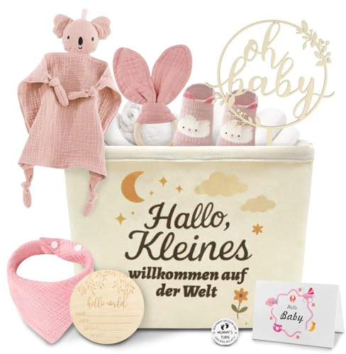 Baby Geschenk Junge & Mädchen Neugeborenen Set Babyparty Geburt Geschenkset Babygeschenke inkl. Koala Schnuffeltuch, Holz Meilensteinkarten, Socken, Lätzchen, Holzschild & Geschenkkarte - Rosa