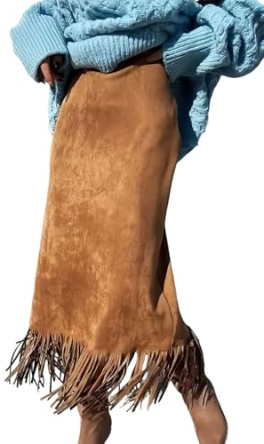 CHARTOU Women Faux Suede Fringe Skirt High Waisted Tassel Country Concert Outfits Long Pencil Skirt (Medium,Brown)