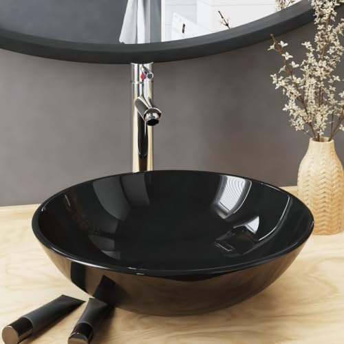 Lavabo Bagno Nero con Rubinetto e Scarico a Pressione in Vetro Temperato Circolare per Piano di Lavoro - Design Moderno e Resistente alle Alte Temperature - Materiali