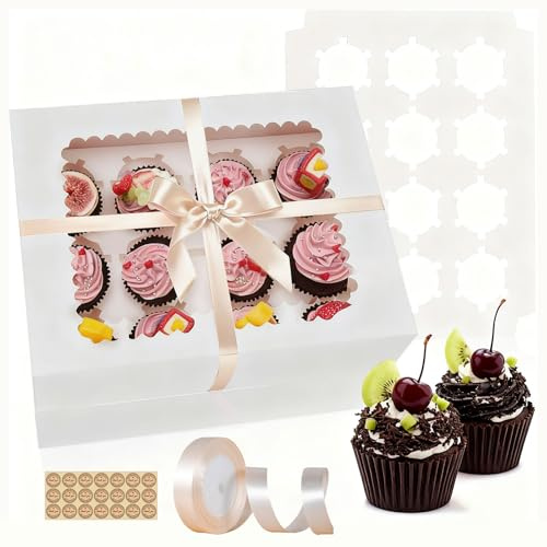 15 Stück Cupcake Boxen 12 Cupcake-Boxen mit Fenster mit transparentem Fenster und Trennwänden,Cupcake Transportbox für Kuchen,Macarons,Muffins, Gebäck,für Hochzeit, Geburtstagsfeier,Familienfeiern