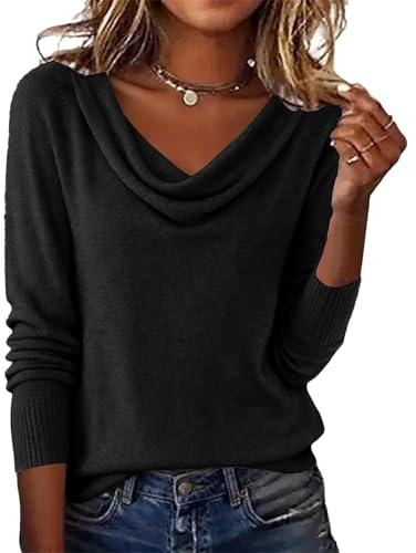 HUIFUAO Haut à col bénitier pour femme - Pull habillé léger et élégant pour l'automne et l'hiver - Tricot basique confortable à manches longues - Pull fantaisie pour fête, soirée, sortie, Noir , M