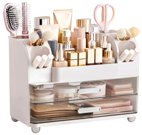 hblife Make up Kosmetik Organizer mit Schubladen, Pinsel Aufbewahrung groß | 3-in-1 Makeup Organizer, Plastic Kosmetik Aufbewahrungsbox, Schmink Aufbewahrung große Lagerung für Schminktisch Badezimmer