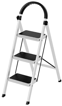 Step Ladder, 3 Step Ladder Folding Steps Stool, Multi-Purpose Collapsible Ladders, Heavy Duty-Folding Ladders with Wide Anti Slip Pedals 330 lbs Load Capacity, for Home RV Outdoor (White)