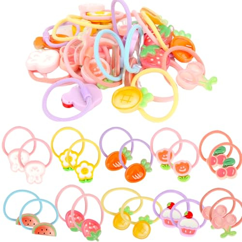 MOTIBACK Gomas para el pelo para niñas, 20 unidades, coloridas gomas para el pelo para niños con patrones de animales, flores y frutas | Coleteros elásticos para bebé y pequeñas cintas para el pelo