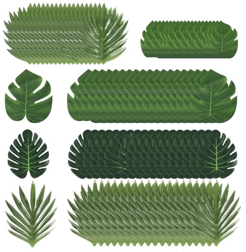 Rusokufo 100 Feuilles Palmier Artificielles Décoration Anniversaire, 5 Types Plantes Tropicales pour Fête Hawaïenne, Luau, Soirée Plage, Anniversaire, Mariage, Fête Été Thème Safari