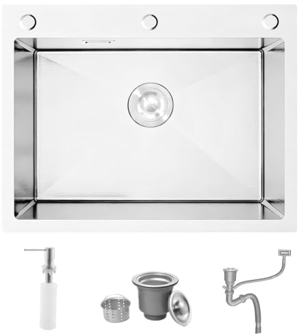 Fregadero de Cocina Cepillado, Bokaiya 65 x 50 cm Empotrable, de Acero Inoxidable, Profundo, con 3 Agujeros para Grifo, Dispensador de Jabón y Sifón, para Cocinas Pequeñas, Bares y Restaurantes