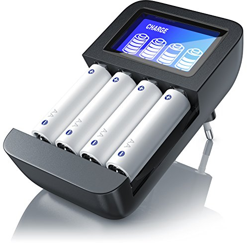 CSL - Universal Akku Ladegerät - Typ AA oder AAA NiMH - Mikroprozessorgesteuertes Laden - 4X Ladeschächte - einfache Handhabung - LCD-Display - schwarz