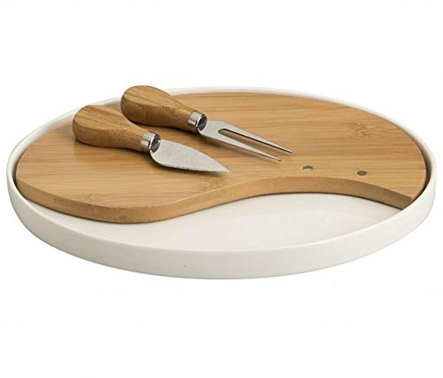 BRANDANI VASSOIO CON TAGLIERE OVALE E 2 COLTELLI FORMAGGIO PORCELLANA E BAMBOO