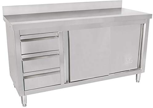 Beeketal 'BAS140-60L' Gastro Edelstahl Küchenschrank mit 3 Schubladen (links), 2 Rolltüren und 4 verstellbaren Standfüßen, Küchen Arbeitsplatte mit 10 cm Aufkantung - (L/B/H) ca. 1400 x 600 x 950 mm