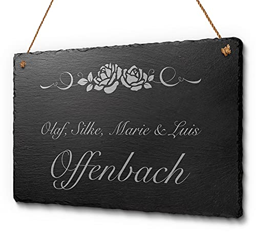 Schöne Schiefer Türschilder für die Haustür mit Gravur | Schiefer-Schild mit Kordel zum Aufhängen in ca. 30x20 cm Gravierte Namensschilder Klingelschilder mit Namen oder Texten Herzlich Willkommen