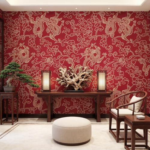 Prior.choice 9.5X0.53M Traditional Chinese Red Yellow Dragon Flowers Waterproof Textured PVC Wallpaper Roll for Bedroom Livingroom 1.73' W x 31.2' L=5.035㎡ (54sq.ft)
