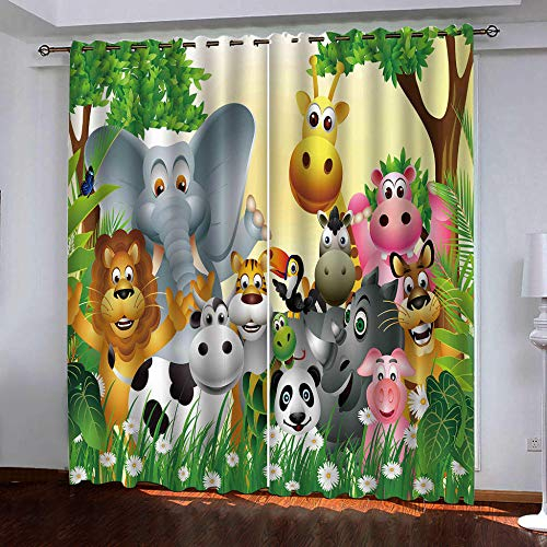 Vorhang Kinderzimmer Tiere Elefanten Löwen Kinder Vorhänge mit Ösen Polyester Gardinen Thermovorhang Blickdicht Ösenschal Kindergardinen für Wohnzimmer Schlafzimmer,2er Set,70x160cm (B x H),Farbe