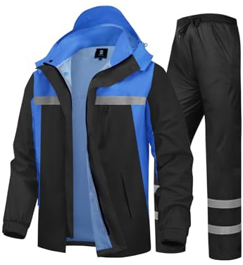 Men's Rain Suit High Visibility Reflective Work Rain Jacket Pants for All Sport Farm Fishing Motorcycle, Hi-vis Black/Royal-blue, XL