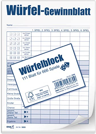 RNKVERLAG Würfelspiel-Gewinnblatt-Block, DIN A6 Format,1x Block mit 111 Blatt für 666 Spiele, 1 Stück