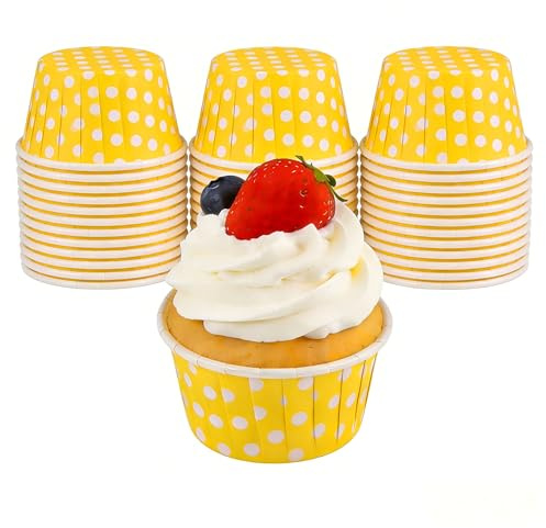 100pcs Mini Yellow Polka Dot Baking Cases - Greaseproof & Non-Stick Disposable Paper Cups for Cupcakes, Muffins, Fairy Cakes - Home, Party, Birthday, Christmas Baking Supplies