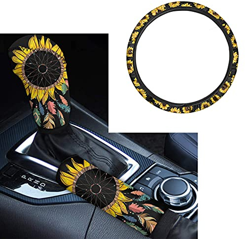 Biyejit - Coprivolante per auto, motivo acchiappasogni, con girasoli, per freno a mano e copricambio, set di 3 pezzi, universale, adatto alla maggior parte dei veicoli