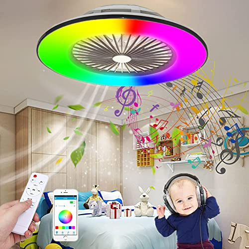 LED Musik Dimmbar Deckenventilator mit Beleuchtung und Fernbedienung RGB Fan Deckenleuchte Bluetooth Lautsprecher Modern Rund Lüfter Licht Leise Ventilator Deckenlampe Schlafzimmer Kinderzimmer Lampe