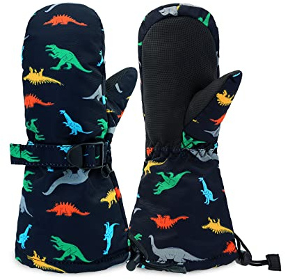 SEYUFN Gant Enfant Hiver Thermique Chaud Garçon Gants Ski Fille Polaire Doublure Étanche Bebe Moufle Enfants PU Paume Réglable Mitaine Sport Snowboard 1-6 Ans(Petit Dinosaure Coloré,2-4 Ans)