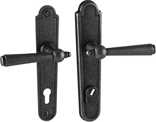 HALCÖ Sicherheits Drückergarnitur Kaltenbach PZ 88 - Türbeschlag antik für Innen und Außen, Türgriffe auf Schild, Eisen schwarz
